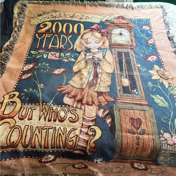 Vintage Tapestry Blanket with Girl and Clock Design - Picture 1 of 6